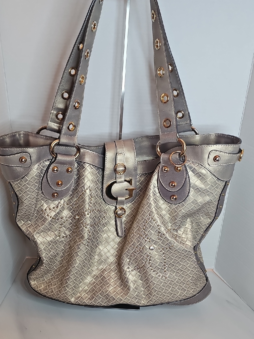 Guess Metallic Silver Woven Tote with Gold Hardware